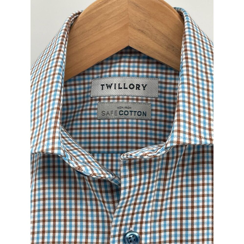 Twillory Button Down Shirt Check Plaid Men Size Medium White‎ Blue Tailored Fit